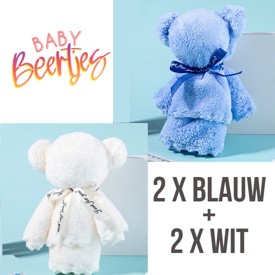 Allernieuwste SET VAN 4 STUKS BABY BEERTJES Spuugdoekjes BLAUW/WIT - Monddoekjes - Zachte Coral Fleece katoen Baby Hand Doekjes - 30 x 30 cm - Kraam Cadeau - Set 2x BLAUW en 2x WIT van Allernieuwste