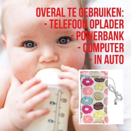 Allernieuwste USB Baby Fles Warmer model Donuts - Heater - Reisaccessoire - Draagbaar - Klittenband - Kleur van Allernieuwste