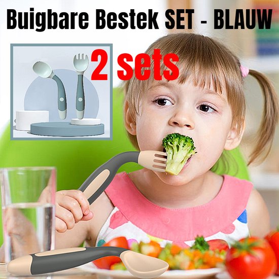 Allernieuwste.nl® 2 Sets Van 3-DELIG Buigbaar Kinderbestek Buigbare Lepel en Vork Vaatwasserbestendig - BPA Vrij - kleur BLAUW van Allernieuwste.nl