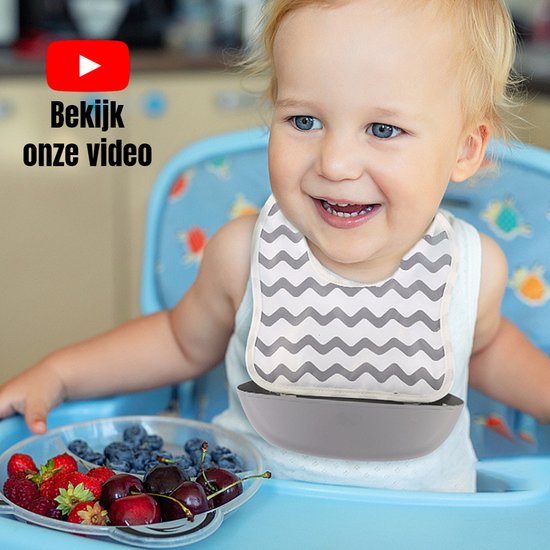 Allernieuwste.nl® 2 STUKS UNIEKE Gestreepte Babyslabbertjes met LOSSE Opvangschaal, Vuilafstotend en Vlek- en Waterafstotend - Oprolbaar Kinder Slabbertje - 2 STUKS Grijs en Blauw Gestreept van Allernieuwste.nl