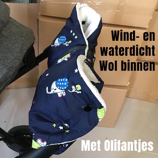 Allernieuwste.nl® Kinderwagen Handschoenen Handwarmer Buggy - Wollen Binnenzijde - Winddicht - Waterdicht - Gants de Poussette - Warme Handen Wanten - 2-in-1 - Olifantjes van Allernieuwste.nl®
