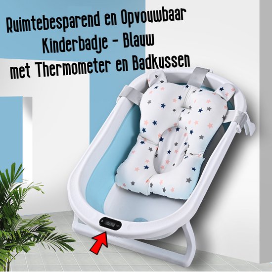Allernieuwste.nl® Opvouwbaar Opklapbaar BabyBad met Thermometer Badkussen en Standaard - Kinderbadje Babybadje Kleur Blauw van Merkloos