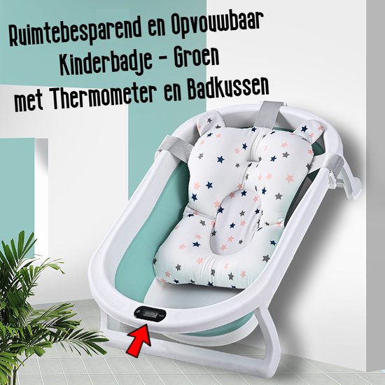 Allernieuwste.nl® Opvouwbaar Opklapbaar BabyBad met Thermometer Badkussen en Standaard - Kinderbadje Babybadje Kleur Groen van Merkloos