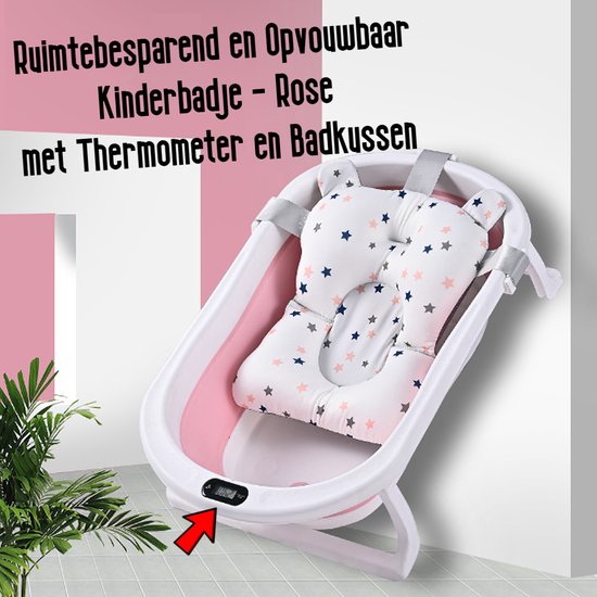 Allernieuwste.nl® Opvouwbaar Opklapbaar BabyBad met Thermometer Badkussen en Standaard - Kinderbadje Babybadje Kleur Rose van Merkloos