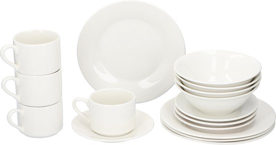 alpina 16-delig Ontbijtservies - 4 Borden - 4 Kommen - 4 Koppen - 4 Schotels - Aardewerk - Wit