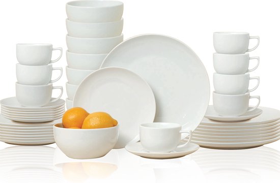 alpina serviesset 8 Persoons - Aardewerk Servies 40-Delig - Bordenset met Ontbijtborden, Dinerborden, Kommen, Kopjes en Schotels - Servies Set Vaatwasser- en Magnetronbestendig - Wit