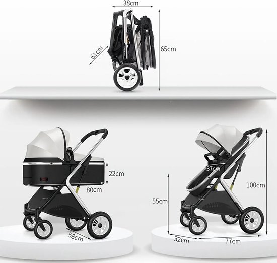 Amalee - Kinderwagen - 3 in 1 - met reiswieg - zwart met goud - 0 tot 25 kilo - Multi angle - Met verschillende accessoires van Amalee