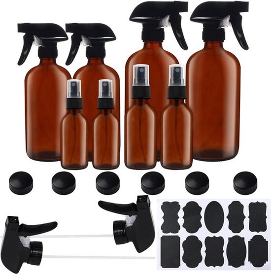 Amber Glazen Sprayflessen Set (8 Stuks) - Navulbaar - 57-455 ml - Met Etiketten en Doppen - Essentiële Olie Accessoires - Geschikt voor Schoonmaken