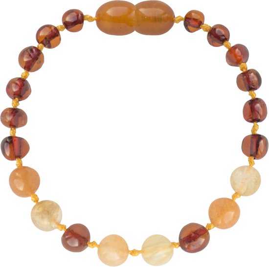 Amberos Barnsteen Armband Baby - Originele Baltische Barnsteen - Enkelbandje - Barnsteen Armband Kind - Kraamcadeau - Baby cadeau - 14 cm - Cognac/ Aventurijn van Amberos