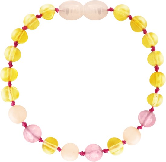 Amberos Barnsteen Armband Baby - Originele Baltische Barnsteen - Enkelbandje - Barnsteen Armband Kind - Kraamcadeau - Baby cadeau - 14 cm - Lemon/Rozenkwarts/Pink Jade van Amber