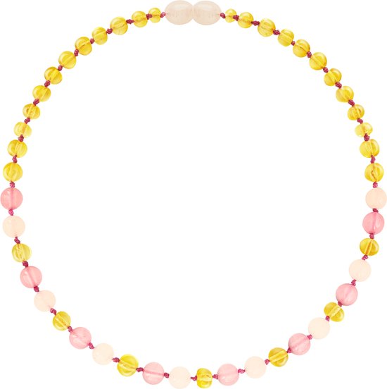 Amberos Barnsteen Kinderketting – Originele Baltische Barnsteen – Barnstenen ketting – 32 cm – Lemon/Rozenkwarts/Pink Jade