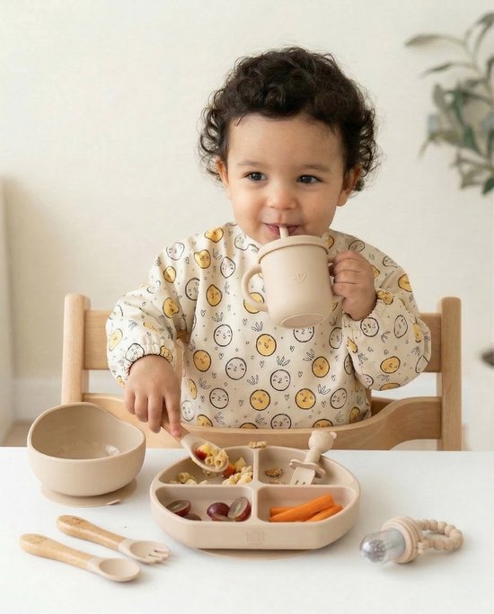 Amelii Siliconen Baby voeding set - Beige - BPA Vrij - Bord, Kom, Lepel& Beker, Eetpak - Antislip - Vaatwasserbestendig van Merkloos