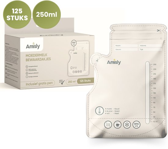 Amisly Moedermelk Bewaarzakjes - 125 Stuks - Extra groot 250ml - Met Schenktuit - Tempratuursensor - BPA vrij - Inclusief Pen van Amisly