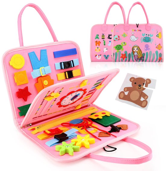 ANMI® Montessori Busy Board 25-in-1 – Sensorisch & Educatief Speelgoed voor Peuters 1-6 Jaar – Activiteitenbord voor Motoriek, Reizen & Zelfstandig Leren - Roze van Merkloos