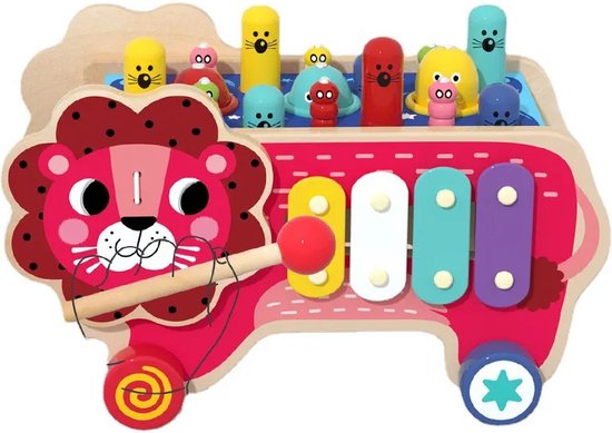 Annie´s Choice - Leo de Leeuw - 4 in 1 Houten Speelgoed Hamerbank - Xylofoon - Visspel - leren klokkijken - Montessori Speelgoed - Cadeautip van Annie's Choice
