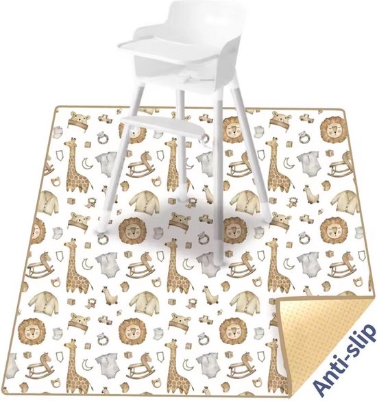 Anti-slip Knoeimat Baby - Leeuw Giraf - Waterproof Mat voor onder de kinderstoel - Eten - Verven - Waterbestendig - 110x110 cm van Drooka