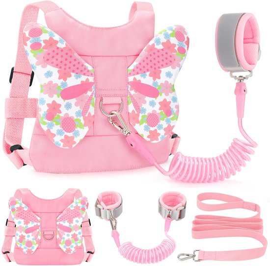 Anti-verliesset voor kinderen - 3-in-1 veiligheidsgordel voor peuters - Anti-verlies polsband - Anti-verliesriem voor kinderen - Geschikt voor meisjes - Roze vlinder van Merkloos