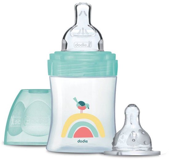 Antikoliekfles - Pasgeborenenset - DODIE - 150 ml - Platte + ronde speen - 0-6 maanden - Flow 1 - Groen