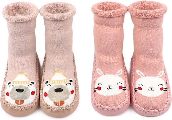 Antislip Sokken Pantoffels voor Baby Meisjes Katoen Met Teddy Binnenkant 2-Pack van Merkloos