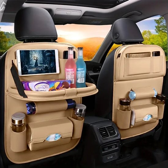 AnyPrice® - Auto stoel Organizer met Tablet Houder - Stoelhoes met luxe uitklapbare Tafel - Universele Autostoel Beschermer - Autostoel Hoes voor Kinderen - Beige van AnyPrice®