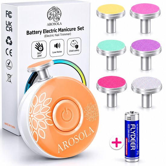 AROSOLA® Elektrische Baby Nagelvijl - Baby Manicure Set - Veilig Nageltjes Vijlen - 6 Opzetstukken - Fluisterstil - Oranje van Arosola