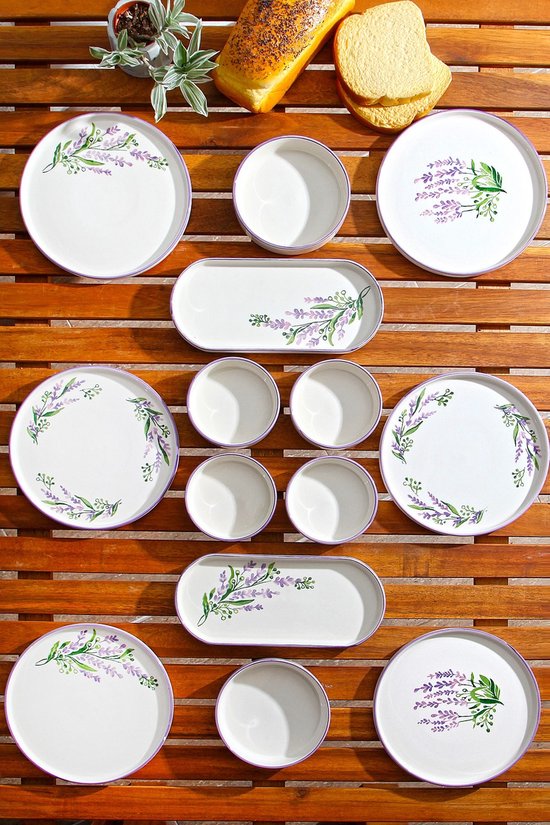 Asir - Dinerset - eetset - servies - 14-delig – wit & paars – 25 x 11 x 3,5 cm