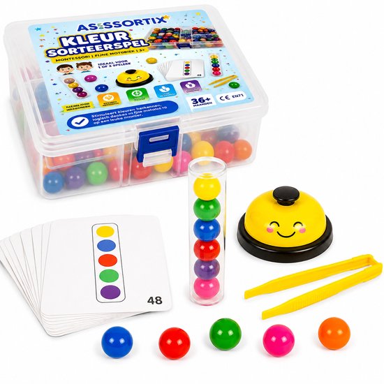 Assortix Montessori Kleur Sorteerspel – Educatief Speelgoed 3 Jaar+ – Fijne Motoriek – Kleuren Leren & Sorteren – Sensorisch Speelgoed – Inclusief Pincet & Opdrachtkaarten