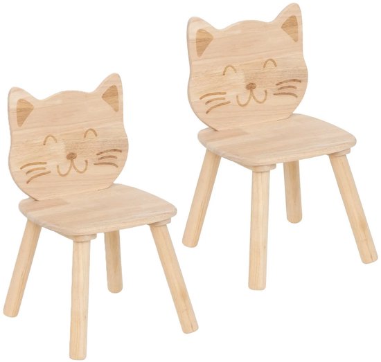 Atmosphera Kinder stoeltje Katje/poes - 2x - naturel - hout - D30 x H50 cm - bijzet stoeltjes van Merkloos