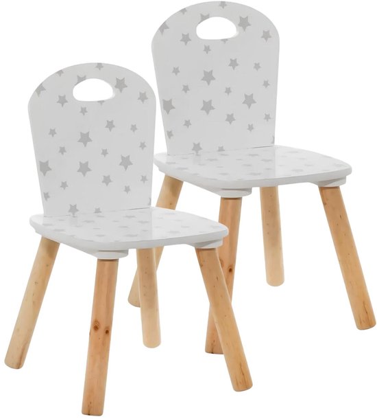 Atmosphera Kinder stoeltje Stars - 2x - wit/zilver/naturel - hout - D30 x H50 cm - bijzet stoeltjes voor kinderen