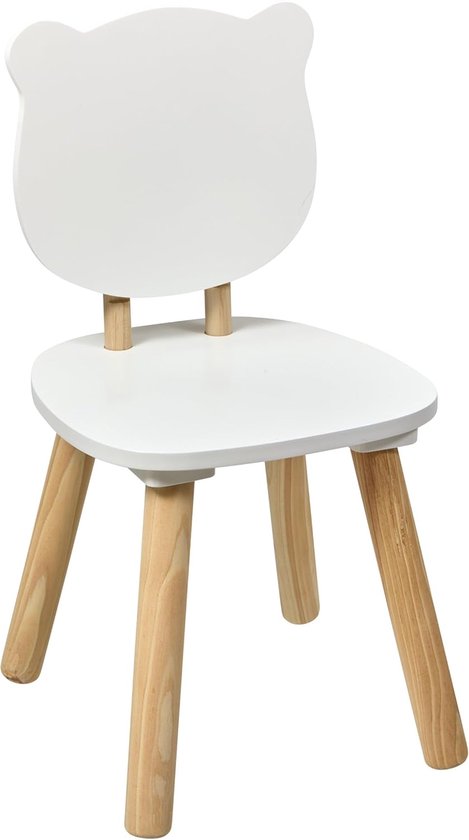Atmosphera - Kinderstoel Beer Wit en Natuurlijk Hout – Scandinavisch Design – 26 x 26 x 49 cm