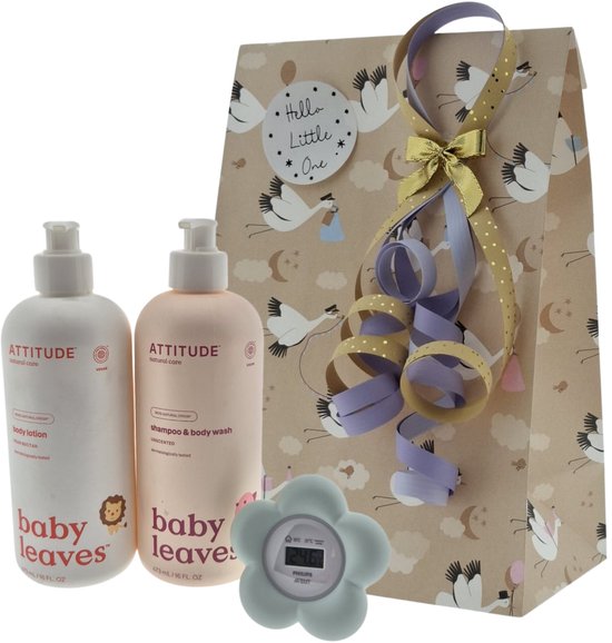 Attitude Baby Cadeauset – Body Leaves Verzorgingsset met Shampoo, Body Lotion en Avent Badthermometer – Natuurlijke verzorging, feestelijk verpakt – Luxe Verzorgingsset | Wellness Giftbox | Verwen Cadeaupakket voor Baby's van Merkloos