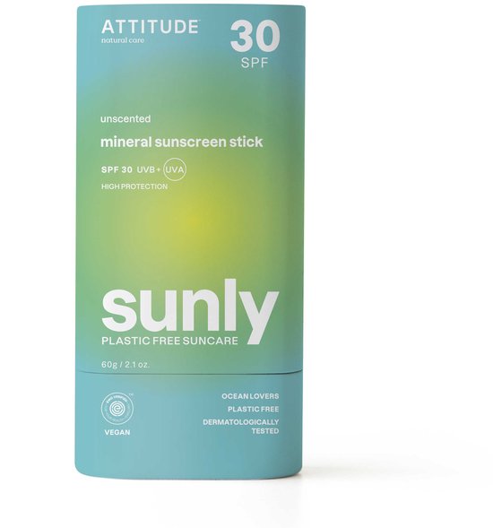 Attitude SUNLY zonnebrandstick ongeparfumeerd plasticvrij SPF30 ECO - duurzaam van Attitude
