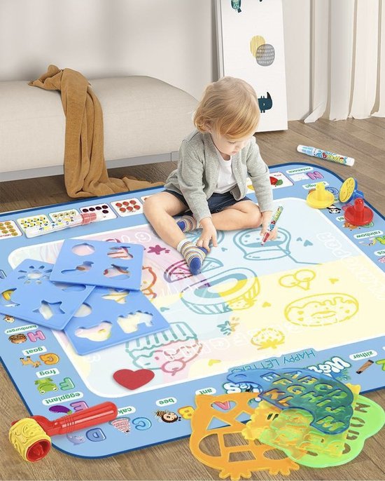 ATXANC Water Tekenmat XXL - Herbruikbare Water Tekenmat met 4 Waterpennen & 18 Accessoires - Kindertekenspeelgoed - Creatief Montessori Educatief Speelgoed voor Jongens & Meisjes van 3 tot 12 Jaar