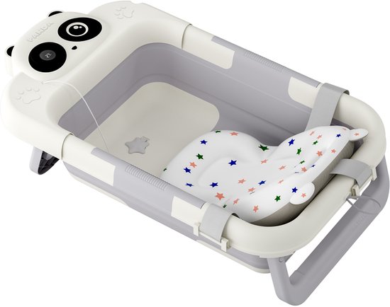 Aufun babybadje, antislip en opvouwbaar, draagbaar bad met touchscreen LCD display, grijs