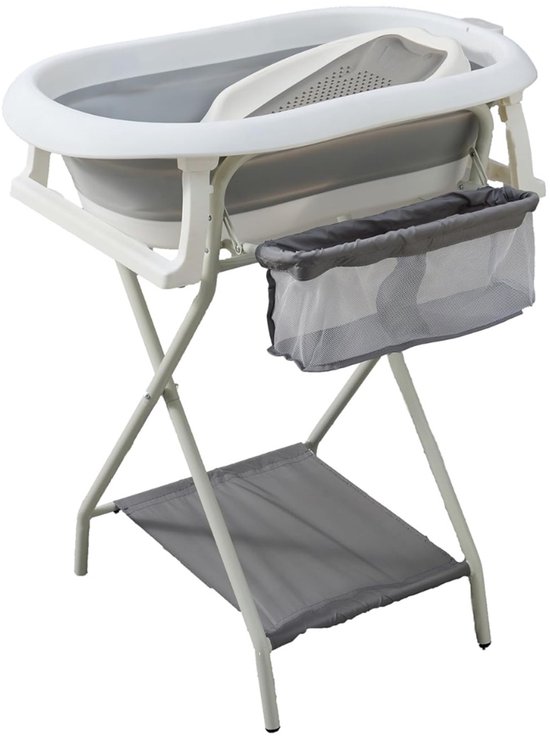 Aurixi® Baby Badje Met Standaard - Babybadje - Inklapbaar Bad Met Kussen - Bad Baby 50 Liter - Zitbad Met 4 Speelballen- Opvouwbaar Bad Kinderen - Baby badje - Bath Bucket - Opvouwbaar bad baby - Babybadset - Grijs - 82cm x 52cm x 20cm van Merkloos