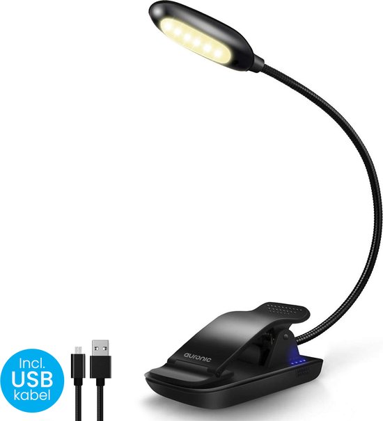 Auronic Leeslampje voor Boek - Leeslamp USB Oplaadbaar met Klem - Draadloos - Verstelbaar - Flexibel - Zwart van Auronic