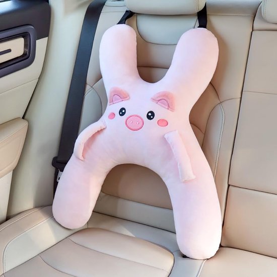Auto Nekkussen - Autokussen voor Kinderen - Kussen voor Hoofd- en Lichaamsondersteuning - Autostoelkussen voor Kinderen - Schattig Cartoon Reiskussen - Roze Piggy-Stijl - Voor Om In Te Slapen En Voor Langeafstandsreizen