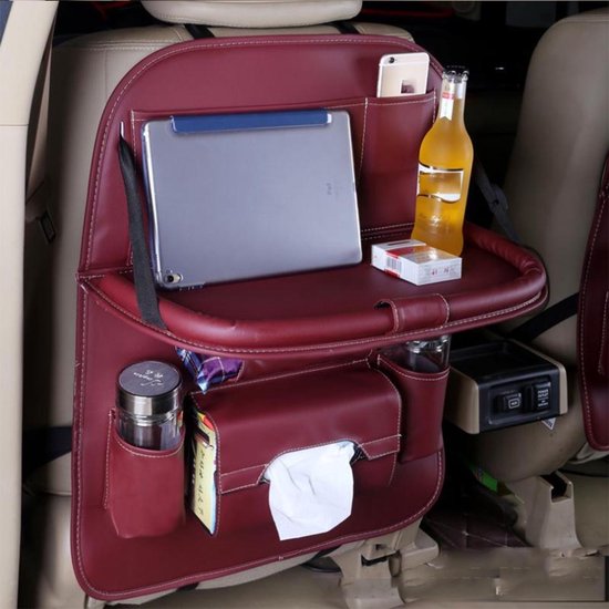 Auto-organizer achterbank, auto-rugleuning organisator beschermer kickmatten PU lederen auto-opslagorganizer met opvouwbaar tafelblad, tablethouder, tissuedoos, meerdere vakken (wijn rood) van YOOFAN