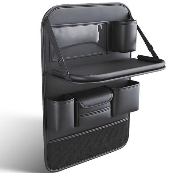 Auto Organizer met Uitklapbare Tafel - PU Leer - Rugleuning Opberger met Mesh Vak & Bekerhouders - Kinder Tafeltje voor Achterbank - Zwart - 64x45 cm van Merkloos