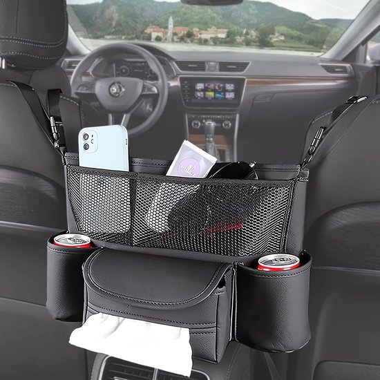 Auto-organizer tussen voorstoelen, auto-opbergtas, handtashouder voor de auto op de stoelen, autostoelorganizer, grote auto-achterbankorganizer voor snacks, portemonnees, dranken, tissue