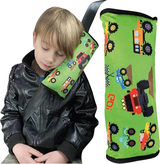 auto slaapkussen voor kinderen - machine wasbaar - zacht autogordelkussen, gordelbeschermer, gordelkussen, autokussen, reiskussen, vakantie - 30x12cm (Monster Trucks) van Flowzo.