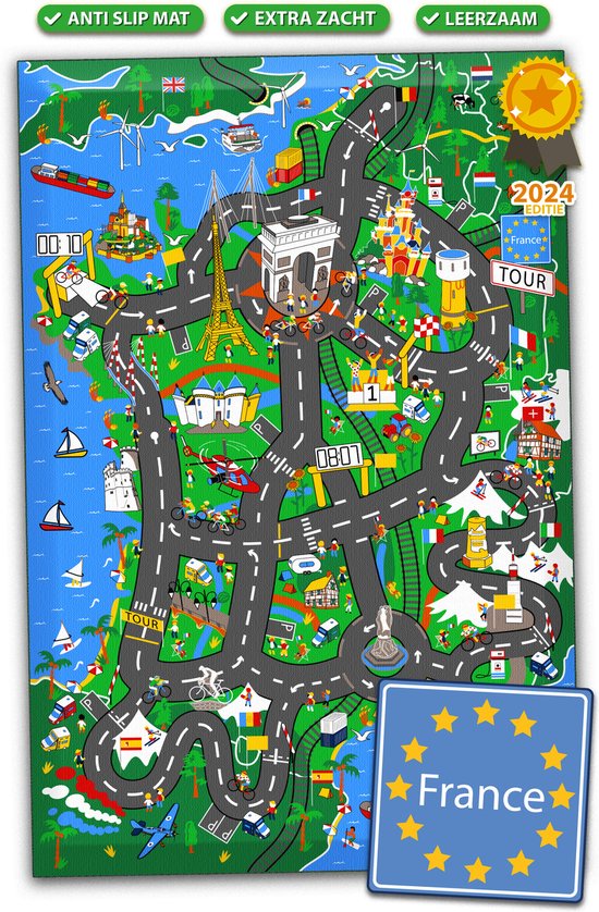 Auto Speelkleed Frankrijk & Tour de France - Wasbaar Vloerkleed 100 x 150 cm - Anti Slip - Speelmat voor Baby en Kinderkamer, Woonkamer en voor Binnen & Buiten van Merkloos