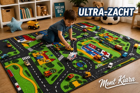 Auto Speelmat voor Kinderen – 100–150 cm Groot Speelkleed met Wegen, Stad, Racebaan & Parkeerplaatsen – Ideaal voor Speelauto’s, – Opvouwbare, Slijtvaste Speelmat voor Binnen