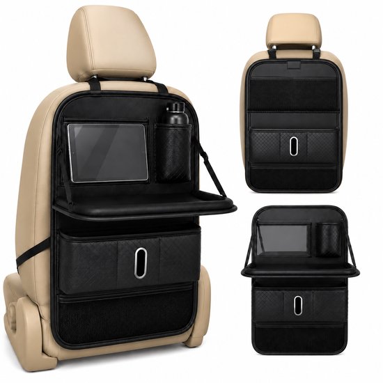 Auto Stoel Organizer met Tafeltje - 42 x 64 cm - Autostoel Organizer voor Tablet, Telefoon, Drank en Reisbenodigdheden - Ruimtebesparend Auto Accessoire - Zwart