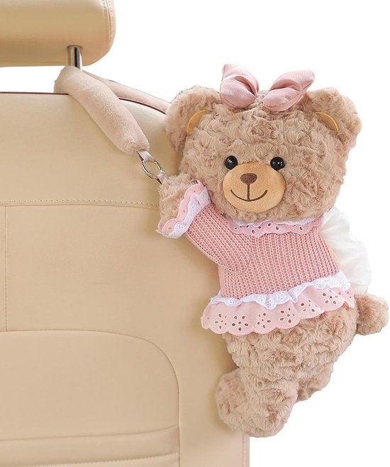 Auto Tissue Box - Leuke Beer Decoratie - Opbergen Auto - Zachte Pluche Stof - 35 x 17 cm - Roze