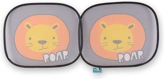Auto Zonneschermen voor Kinderen - Set van 2 - Leeuw Ontwerp - Universeel - Polyester met Dierenprint - Grijs/Geel/Wit - 44x38cm – Inclusief 4 Zuignappen van Dreambaby