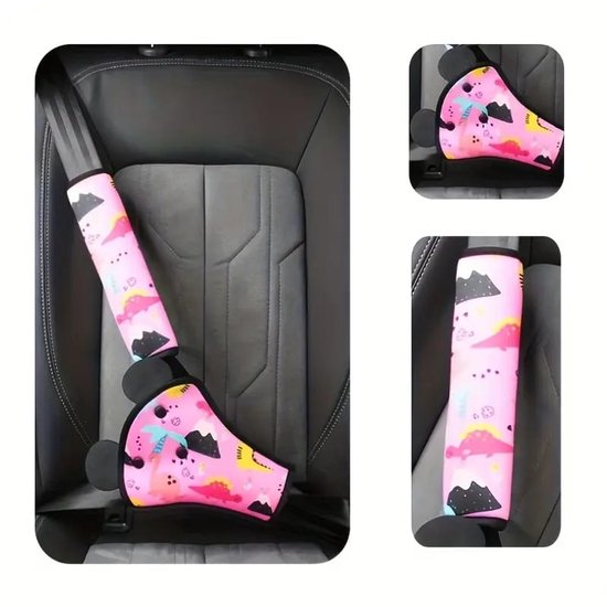 Autogordelhoes- Roze- Dino print- Gordelhoes- Gordelkussen- Auto gordel kussen- Zacht- Beschermend. van Merkloos