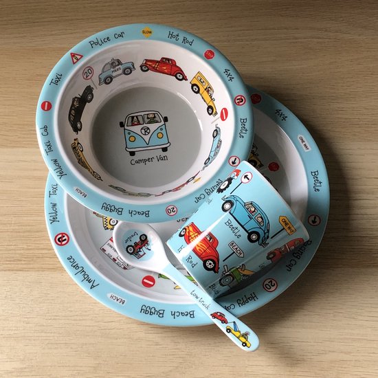 Auto's kinder servies set melamine (bord + kom + bekertje + lepel) - Tyrrell Katz van Tyrrell Katz