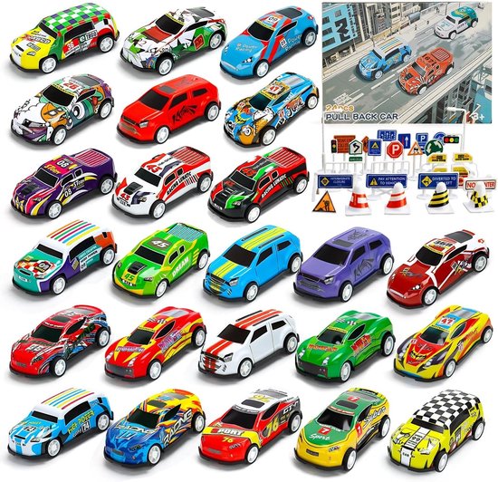 Autospeelgoedset - Diverse Kleuren - 24 Mini Speelgoedauto's - Inclusief Speelmat en Wegblokkeringen - Voor Kinderen vanaf 3 Jaar