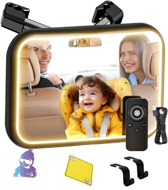 Autospiegel Voor Baby's – Achterbank Met Licht – 360 Graden Draaibaar – Met Afstandsbediening – Baby Achterbank Spiegel Met Metalen Clip – Eerste Uitrusting Voor Pasgeborenen + 2 Babystickers En 2 van Kensons.